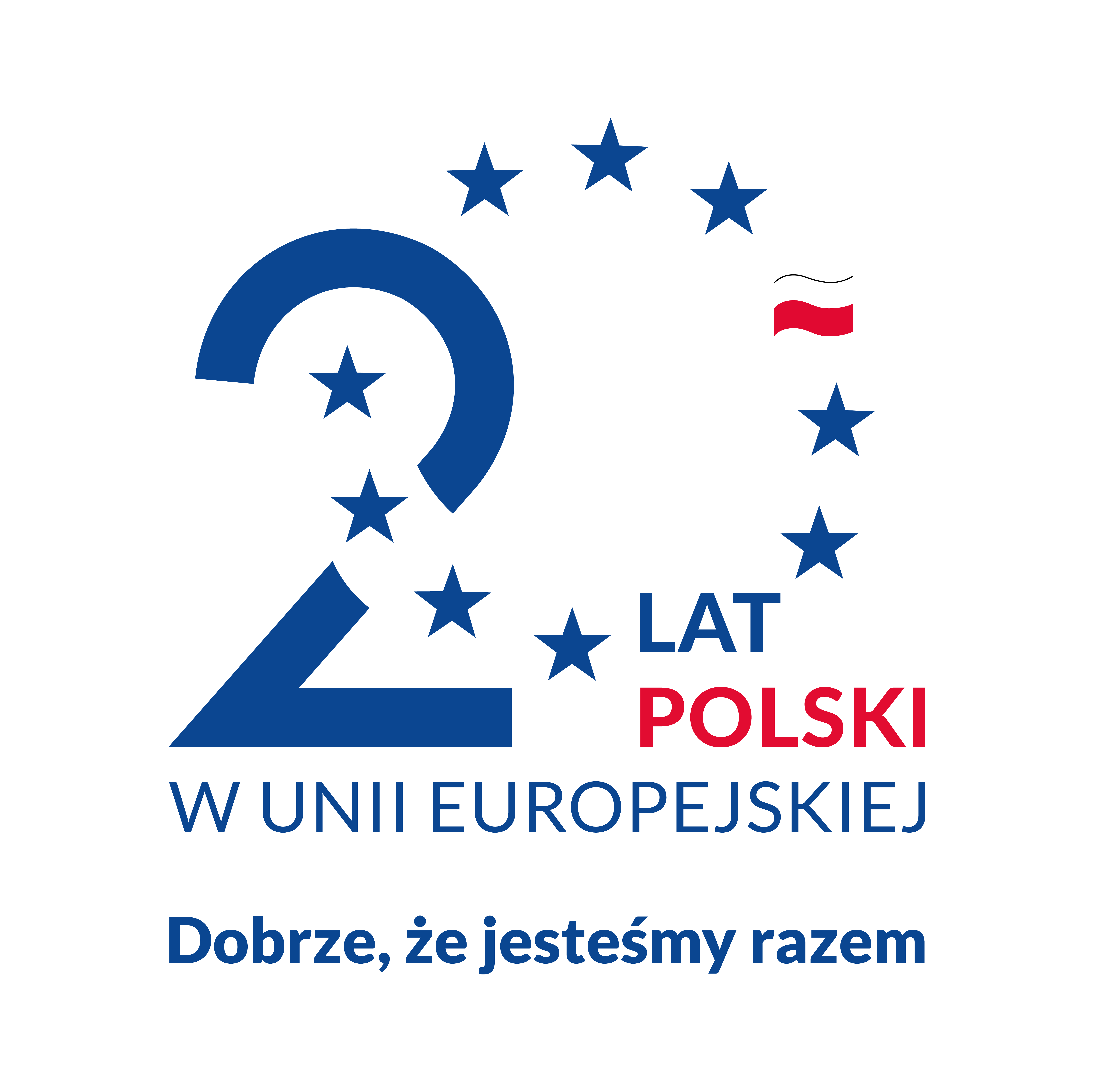 Ikonografika. Po lewej cyfra 2 przecinana okręgiem w kształcie cyfry 0 utworzonej z gwiazd. Zamiast jednej z gwiazd flaga Polski. Wpleciony napis "Lat Polski w Unii Europejskiej. Dobrze, że jesteśmy razem".